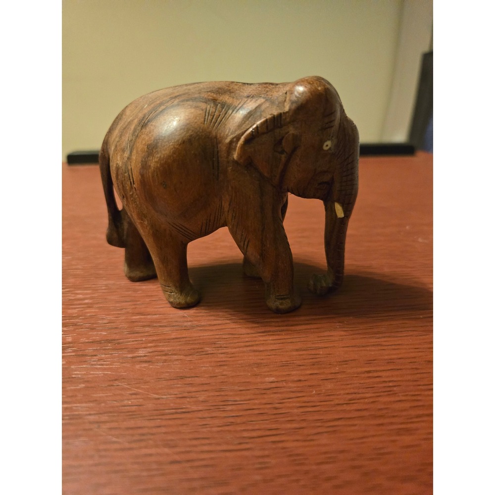 Vintage Hand Carved Wooden Elephant Figurine Brown Wood Animal Statue Decor
